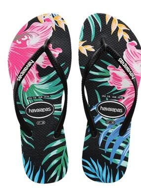 Havaianas Black Tropical Floral Flip Flops with Pink & Teal Print